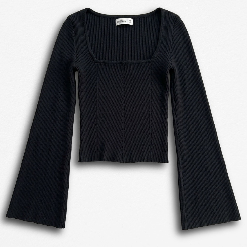 Hollister Black Ribbed Square-Neck Long Bell Sleeve Top